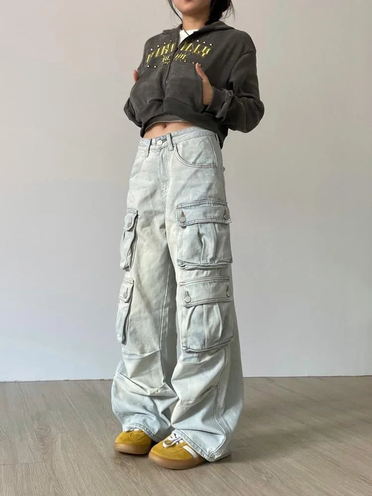 Japanese Y2k Grunge Blue Cargo 90s Multy Pockets Distressed Pant