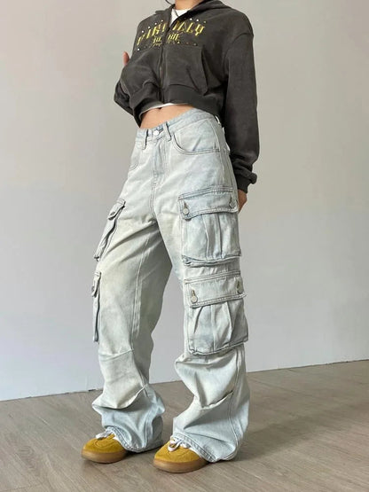 Japanese Y2k Grunge Blue Cargo 90s Multy Pockets Distressed Pant