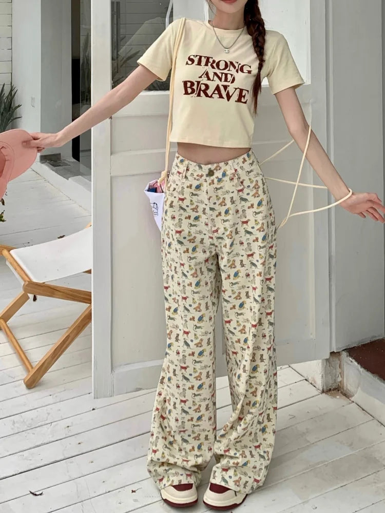 Kawaii Korean Cartoon Print Beige Harajuku Kpop Oversize Wide Y2k Pant