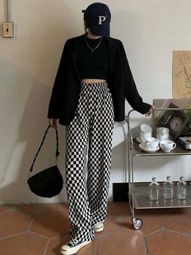 Black White Plaid Harajuku Wide Leg Checkerd Pant