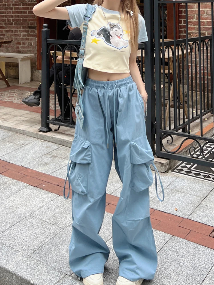 Korean Style Blue Cargo Y2k Retro Parachute Oversize Pant