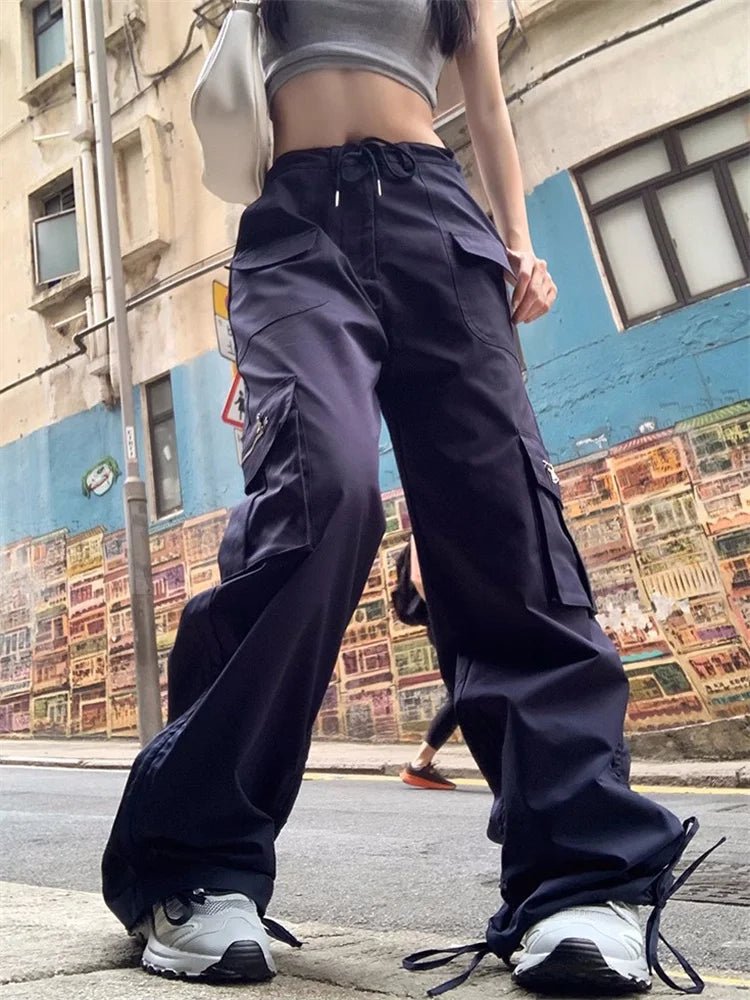 Korean Style Drawstring Sweatpants Y2k Navy Blue Oversized Pant