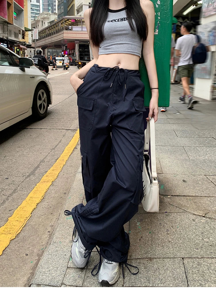 Korean Style Drawstring Sweatpants Y2k Navy Blue Oversized Pant