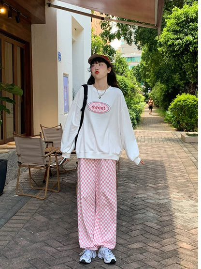 Pink Plaid Korean Oversized Jogging Pant