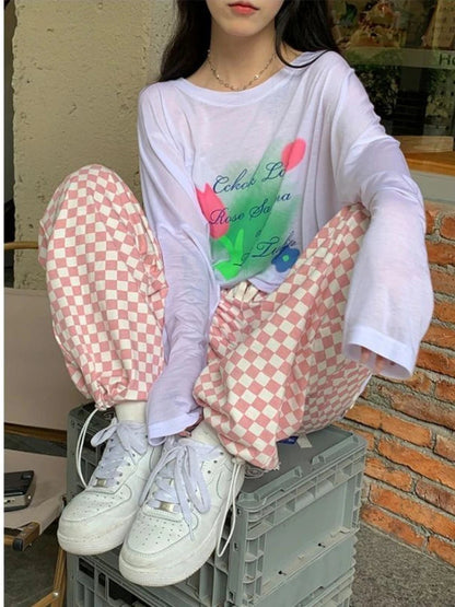 Pink Plaid Korean Oversized Jogging Pant