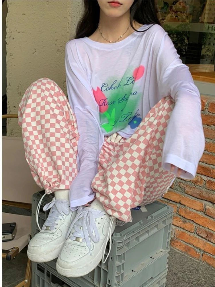 Pink Plaid Korean Oversized Jogging Pant