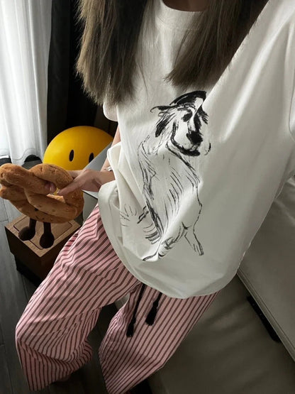 Pink Striped Wide Leg Korean Baggy Sweatpants