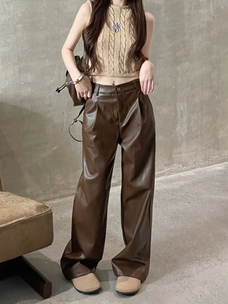 Brown Pu Leather Y2k Korean Black Wide Leg Oversize Pant