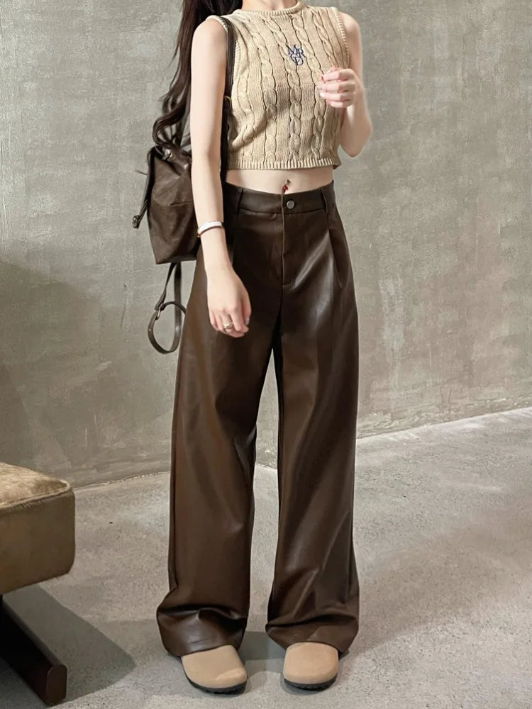 Brown Pu Leather Y2k Korean Black Wide Leg Oversize Pant