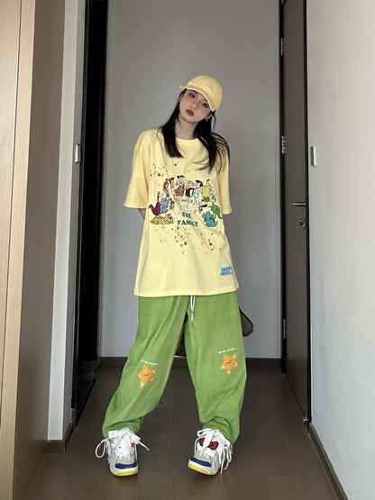 Hippie Star Print Corduroy Kawaii Green Wide Leg Sweatpants Pant