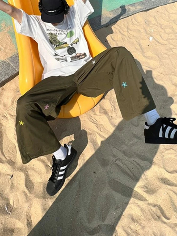 Korean Green Cargo Harajuku Hippie Kpop Embroidery Baggy Pant