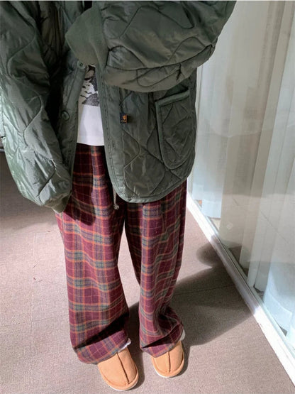 Red Plaid Winter Warm Fleece Korean Style Oversize Pant
