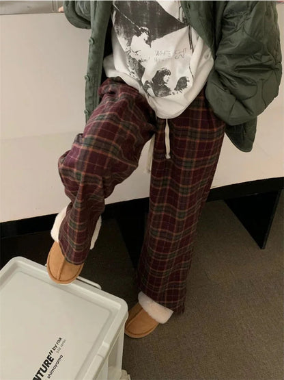 Red Plaid Winter Warm Fleece Korean Style Oversize Pant