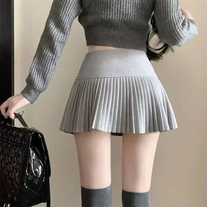 Woolen Pleated High Waist A-line Patchwork Skirt