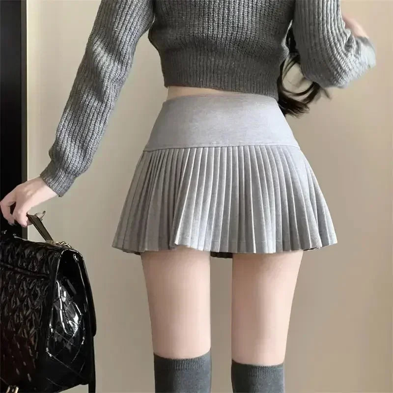 Woolen Pleated High Waist A-line Patchwork Skirt