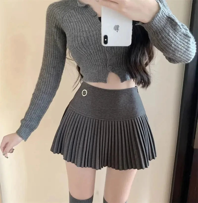 Woolen Pleated High Waist A-line Patchwork Skirt