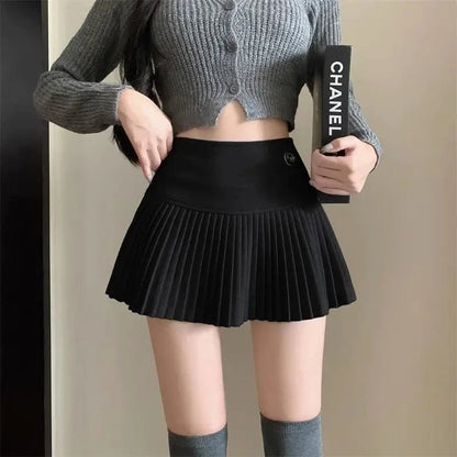 Woolen Pleated High Waist A-line Patchwork Skirt