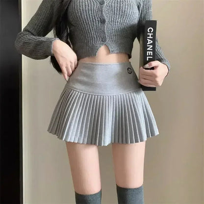 Woolen Pleated High Waist A-line Patchwork Skirt