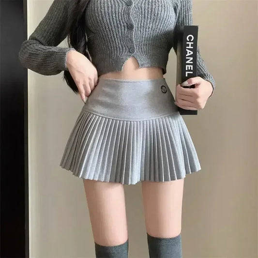 Woolen Pleated High Waist A-line Patchwork Skirt
