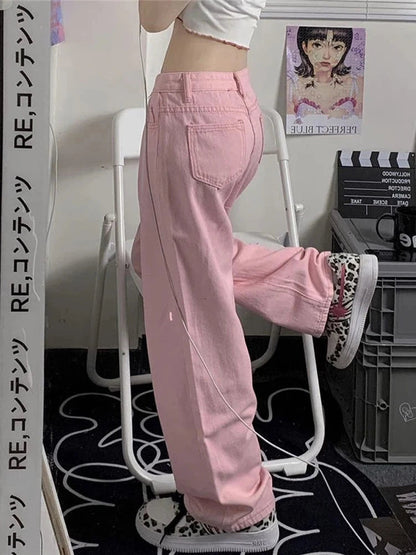 Pink Low Rise Wide Leg Denim Y2k Kawaii Pant