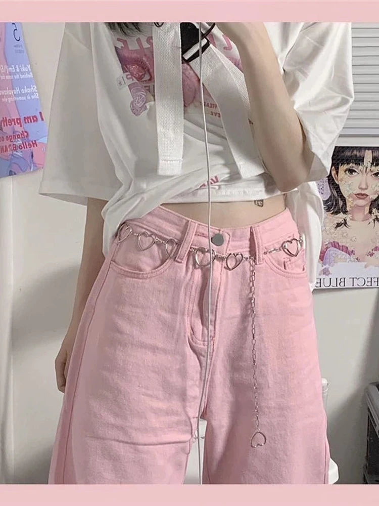 Pink Low Rise Wide Leg Denim Y2k Kawaii Pant