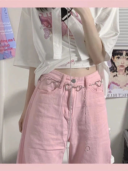 Pink Low Rise Wide Leg Denim Y2k Kawaii Pant