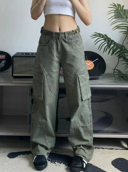 Y2k Green Cargo 90s Wide Leg Denim Multy Pockets Pant