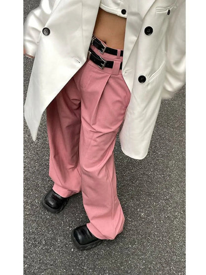 Y2k Korean Style Pink Wide Leg Harajuku Cyber Punk Belt Oversize Hippie Pant