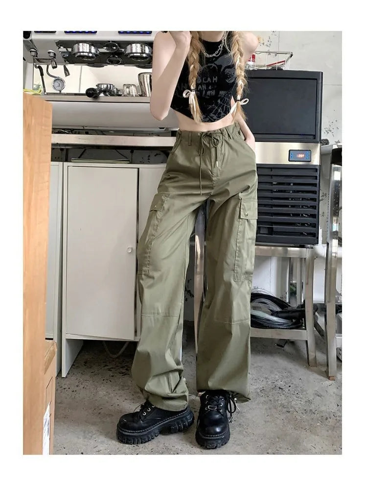 Y2k Kpop Black Cargo Harajuku Drawstring Pockets Green Wide Pant
