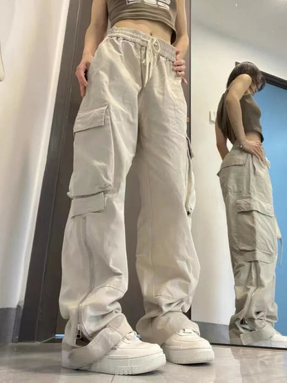 Y2k Retro Beige Cargo Pockets Wide Leg Pant