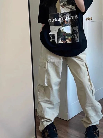 Y2k Retro Beige Cargo Pockets Wide Leg Pant