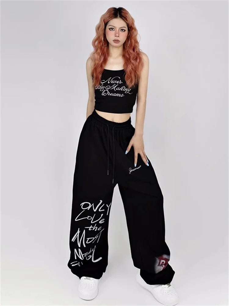 Y2k White Sweatpants Letter Print Black Track Oversize Harajuku Joggers Pant