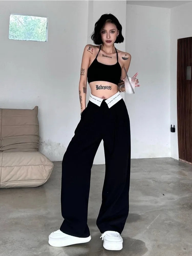 Y2k Black Cyber Punk Patchwork High Waisted Baggy Cargo Pant