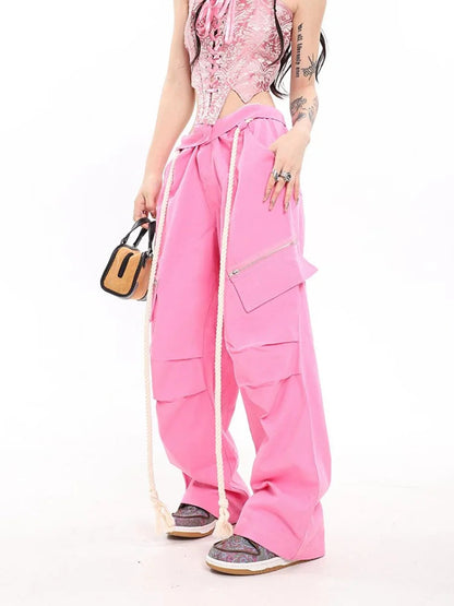 Y2k Brown Cargo Parachute Kpop Pink Wide Leg American Retro Pant