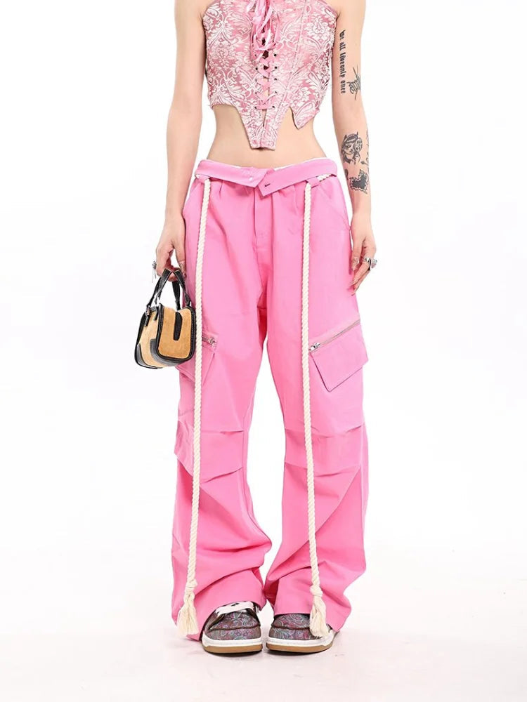 Y2k Brown Cargo Parachute Kpop Pink Wide Leg American Retro Pant
