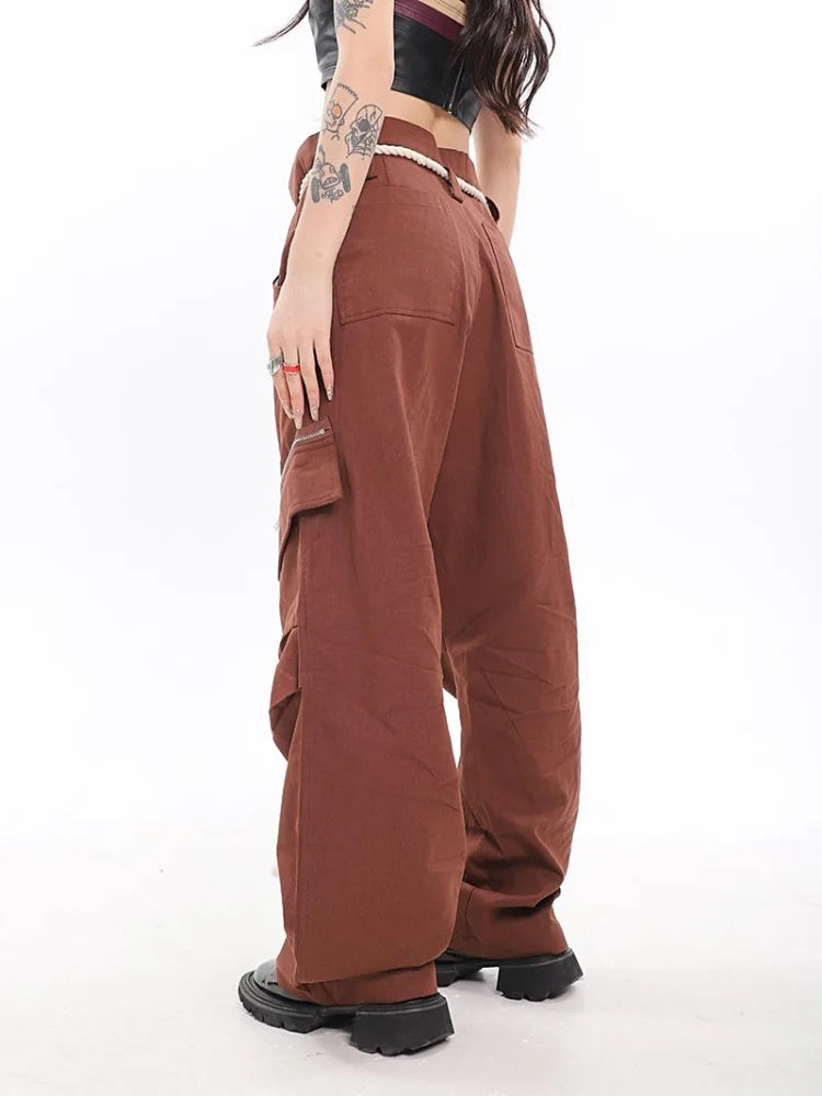 Y2k Brown Cargo Parachute Kpop Pink Wide Leg American Retro Pant