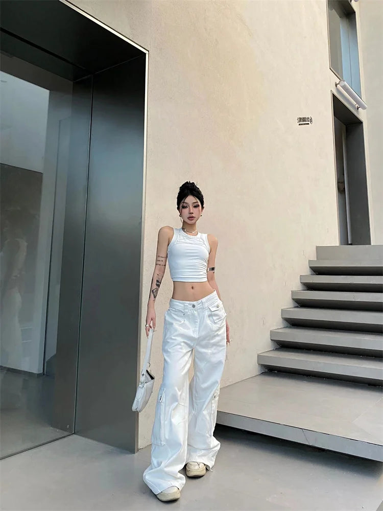 Y2k White Cargo Korean Style Wide Leg Denim Oversized Pant