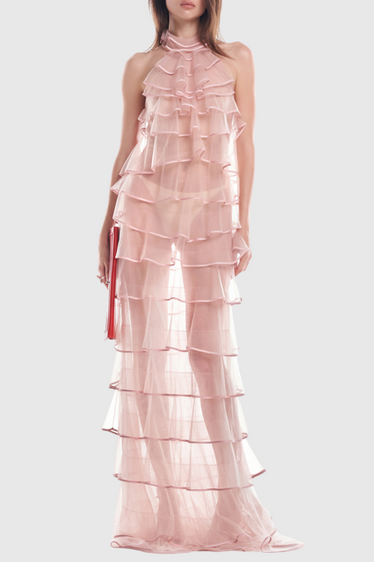 Haidar Halter Ruffle Layer Maxi Dress