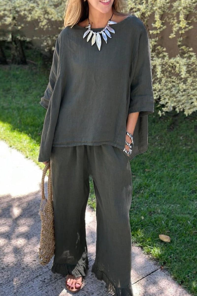 Half Sleeve Tops Fringe Hem Long Pants Set