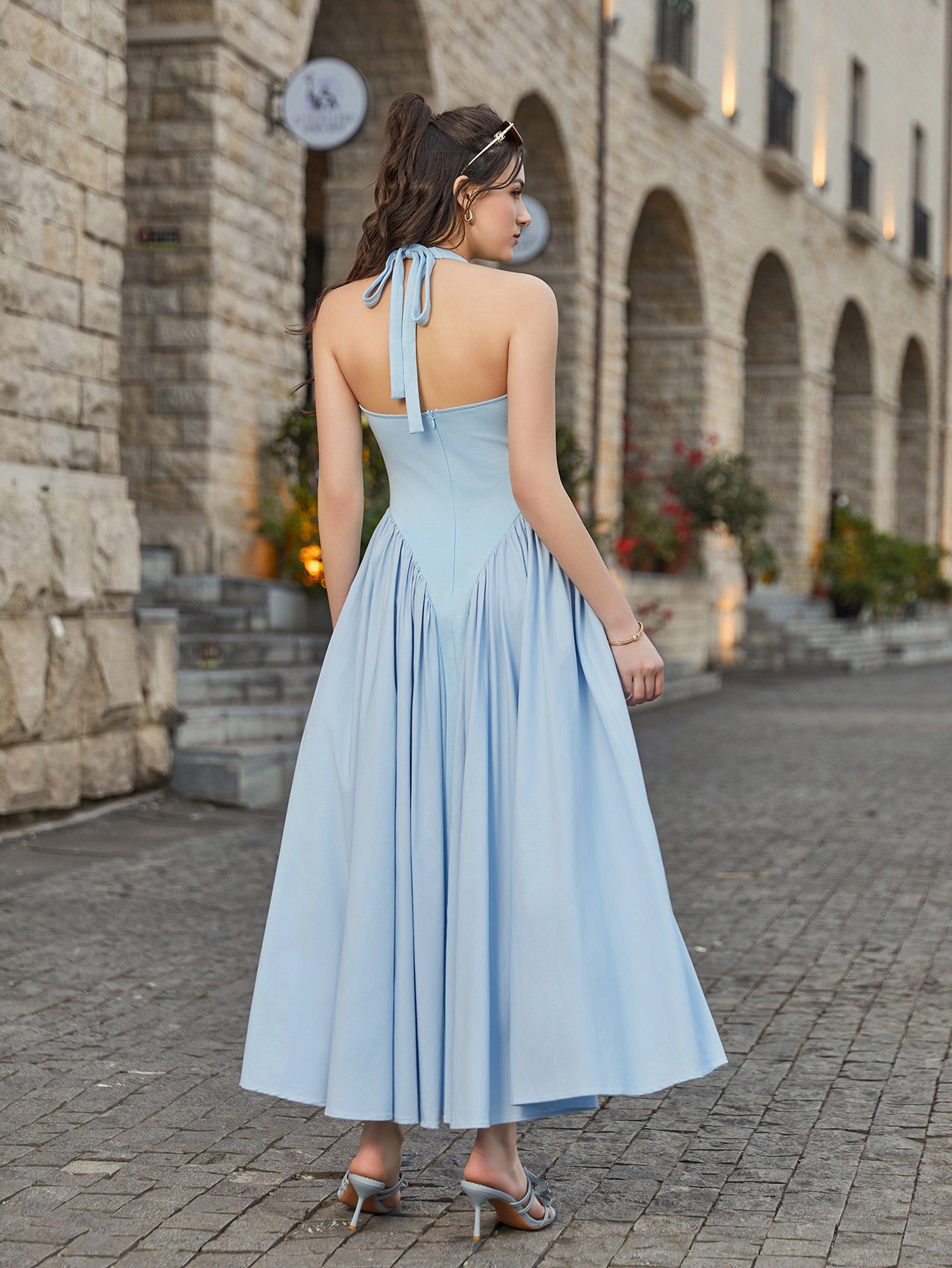 Halter Deep V-neck Ruched Waist Dress