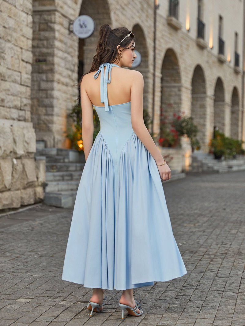 Halter Deep V-neck Ruched Waist Dress