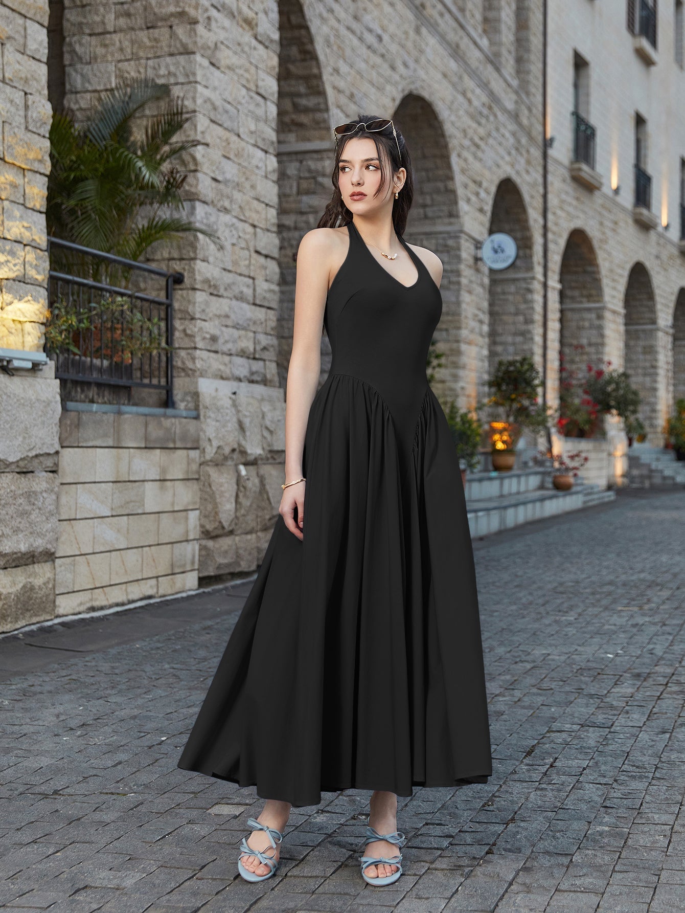 Halter Deep V-neck Ruched Waist Dress
