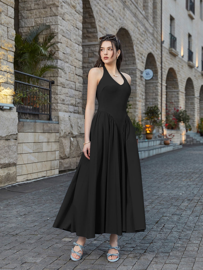 Halter Deep V-neck Ruched Waist Dress