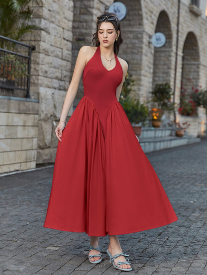 Halter Deep V-neck Ruched Waist Dress