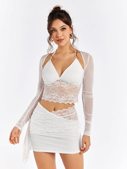 Halter Mesh Patchwork Lace Top&embellished Lace Bodycon Skirt