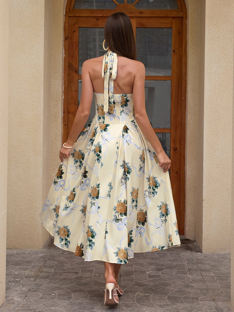Halter Tie Smocking Print Bodycon Dress