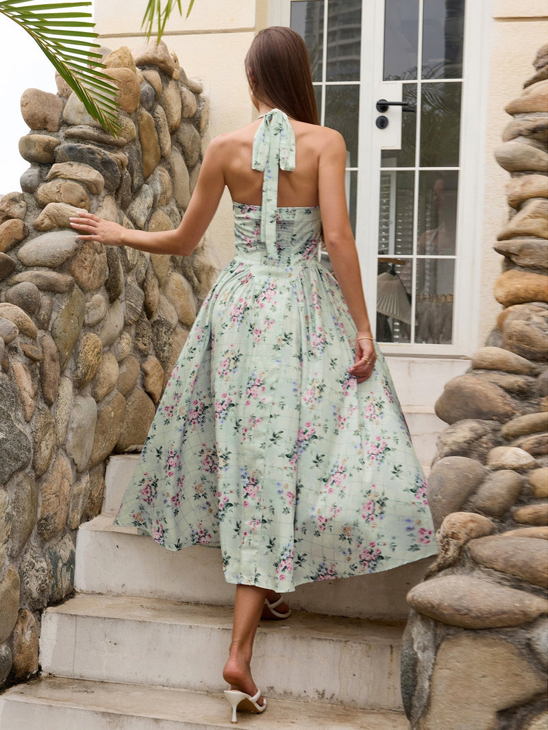 Halter Tie Smocking Print Bodycon Dress