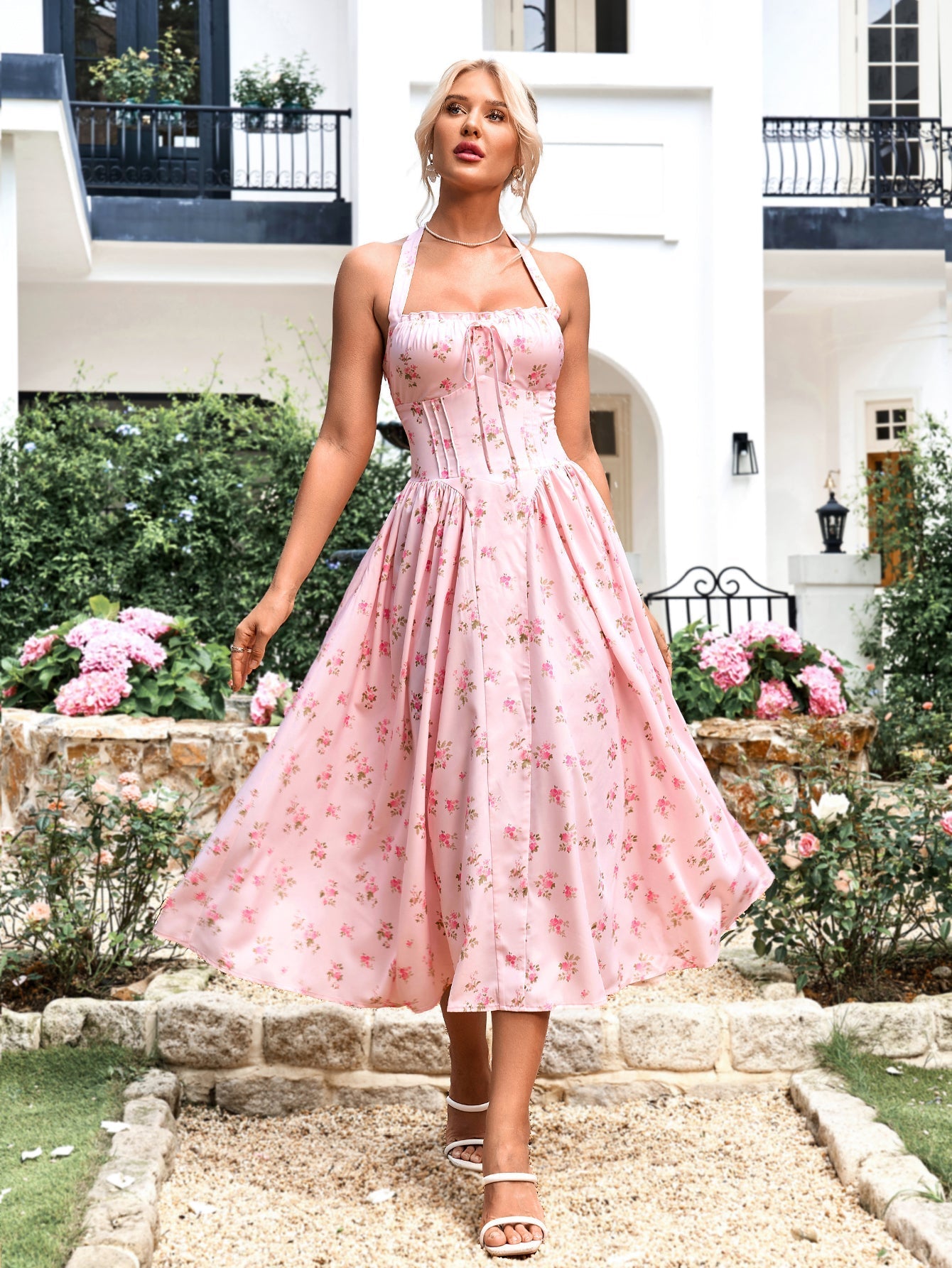 Halter Tie Smocking Print Bodycon Dress