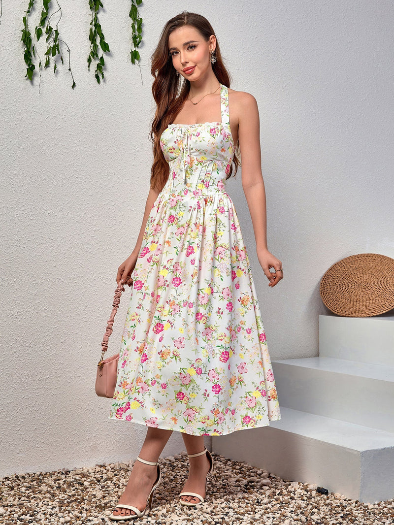 Halter Tie Smocking Print Bodycon Dress