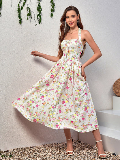 Halter Tie Smocking Print Bodycon Dress